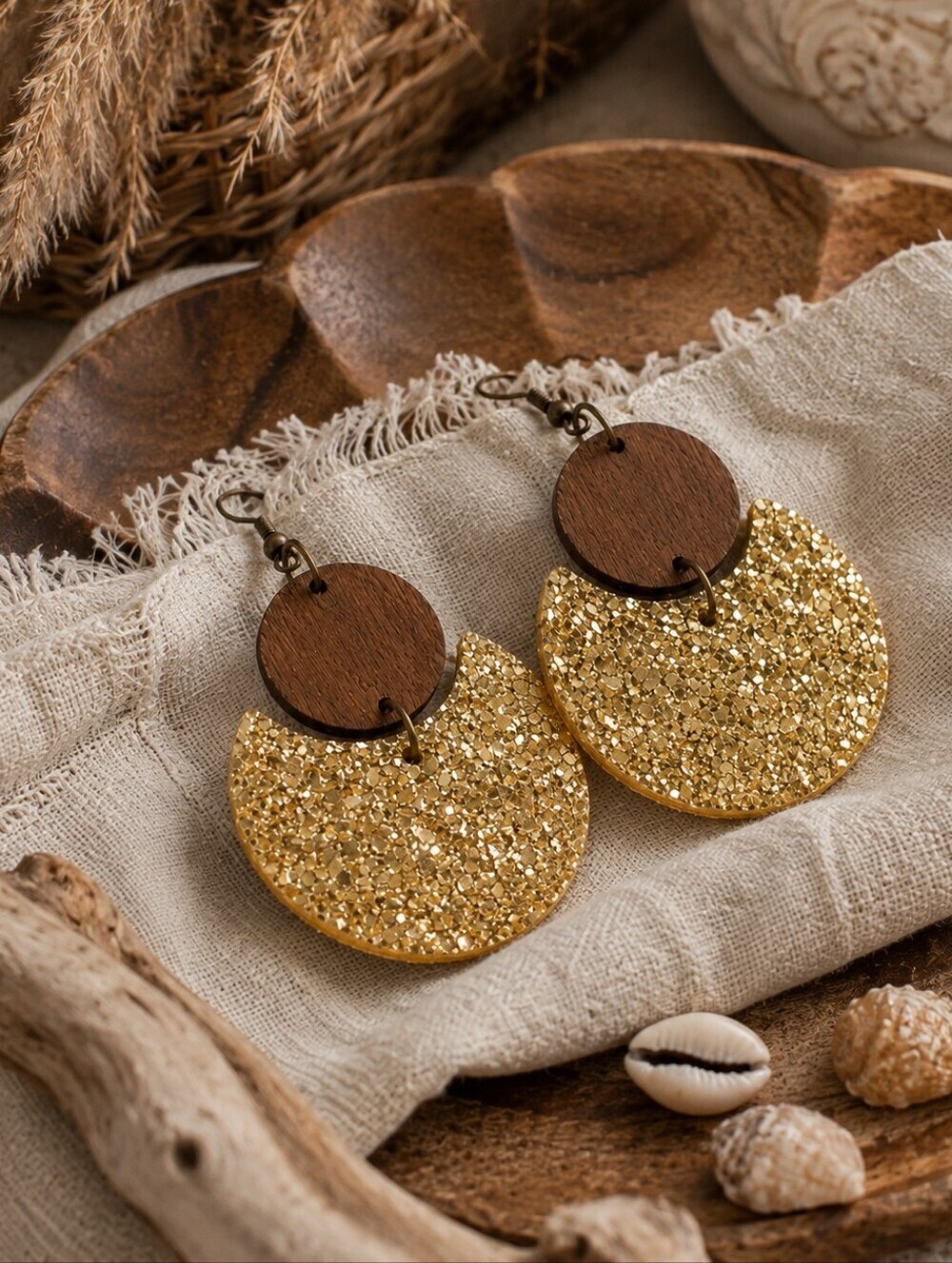 Gold Glitter Wood Crescent Dangle Earrings Boho Coastal Statement 2.8"